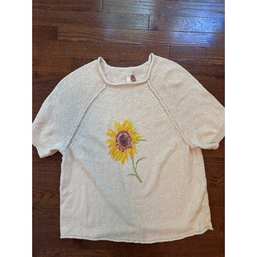 Pilcro Beige Cotton Blend Sunflower Short Sleeve Sweater XL Anthropologie